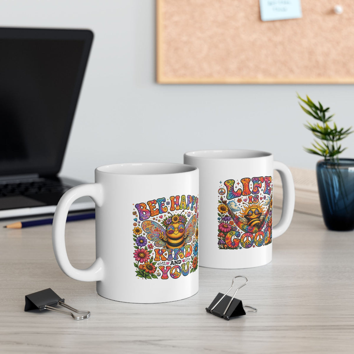 bee happy| hippie crazy | Colorful Boho Coffee Cup | (11oz & 15oz)