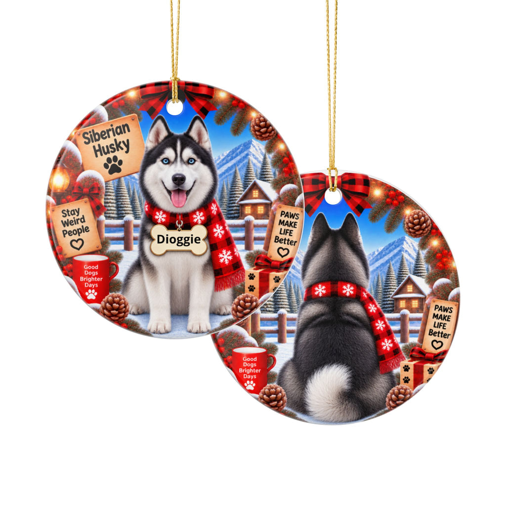 Personalized Siberian Husky Christmas Ornament, Double-Sided Ceramic Dog Ornament, Custom Pet Name Gift