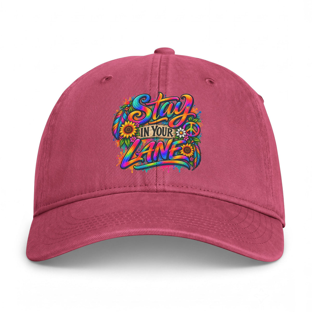 Stay In Your Lane Baseball Cap | Colorful Hippie Boho Hat | Retro Peace Sign Flower Cap | Weird Gift