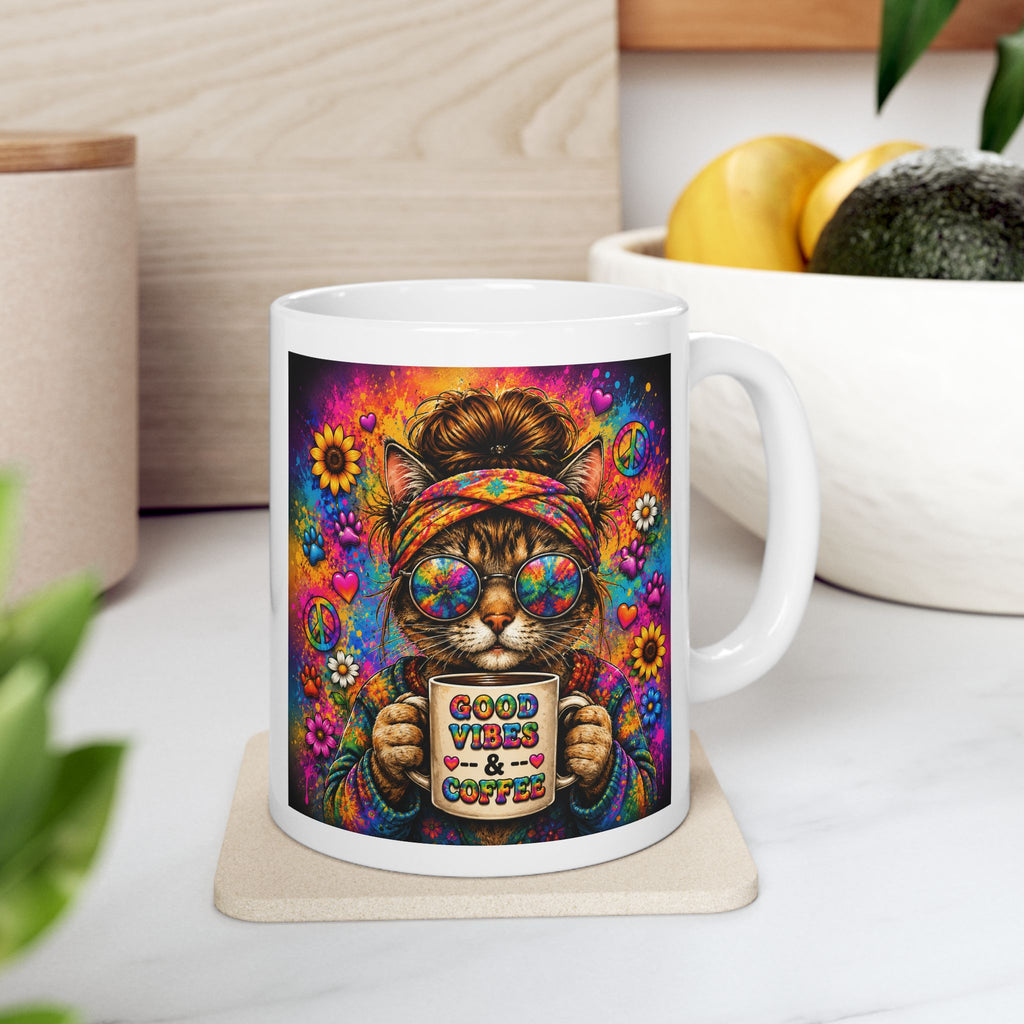 Good Vibes Only Sunflower Mug | Colorful Hippie Peace Sign Coffee Cup | Boho Gift | 11oz & 15oz