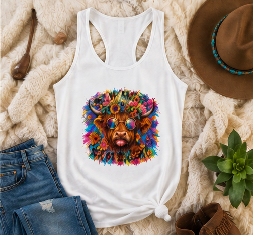 Stay In Your Lane Highland Cow Racerback Tank | Colorful Hippie Women's Top