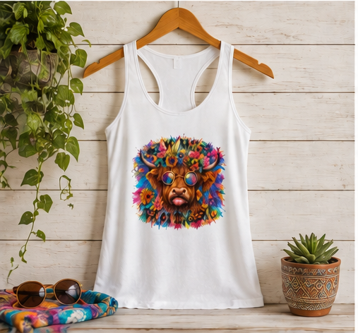 Stay In Your Lane Highland Cow Racerback Tank | Colorful Hippie Women's Top