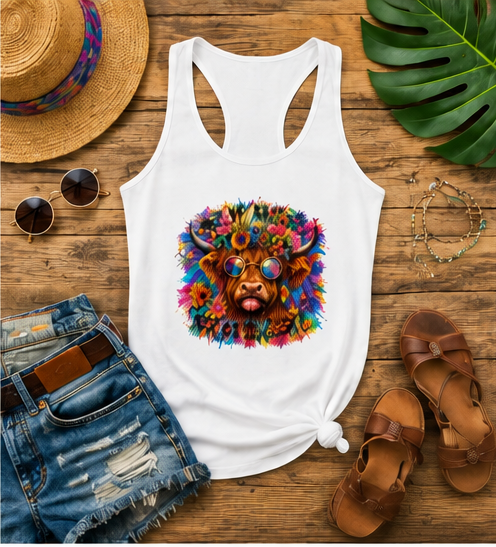 Stay In Your Lane Highland Cow Racerback Tank | Colorful Hippie Women's Top