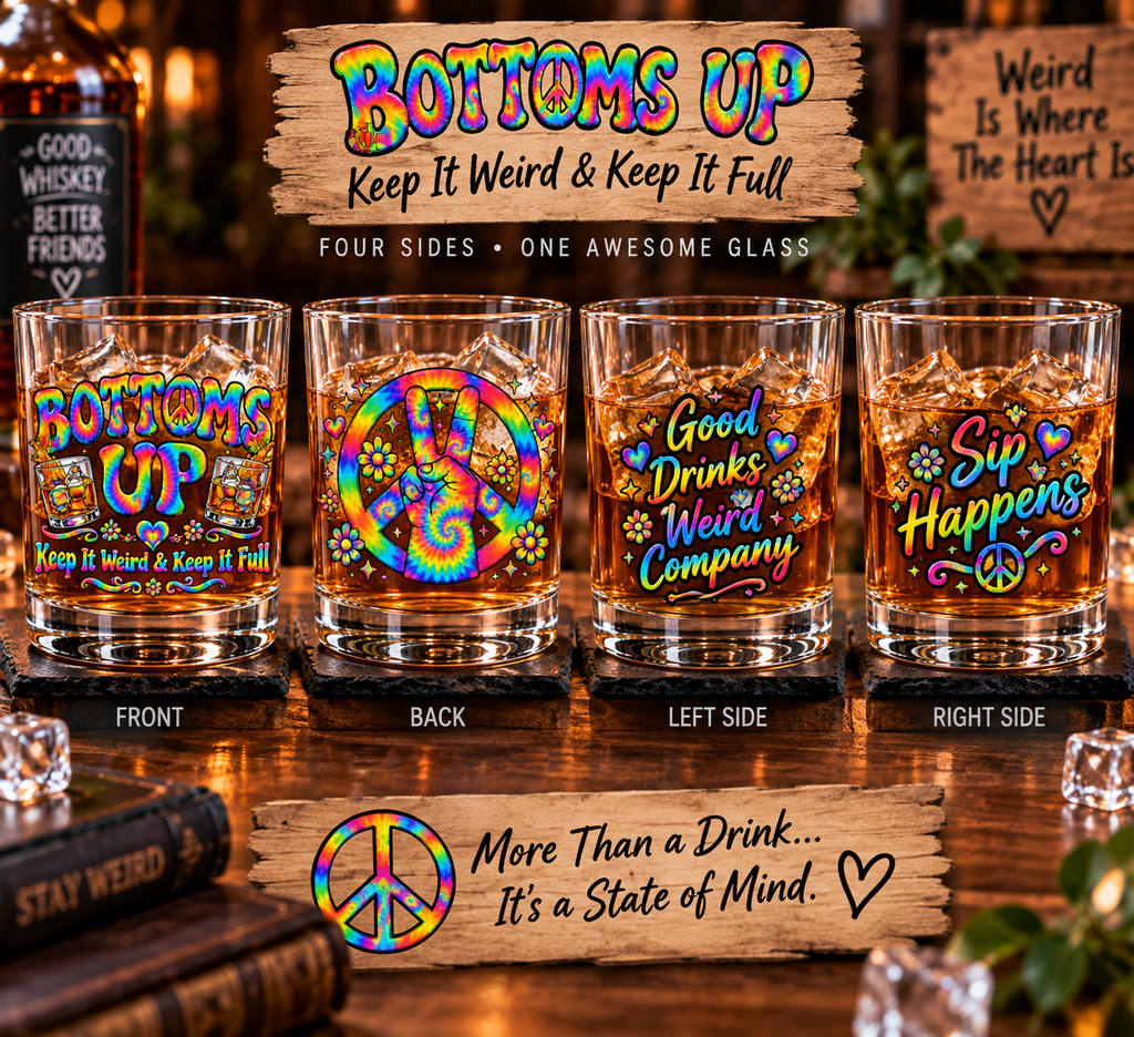 Bottoms Up & Stay Weird Whiskey Glass Set of 4