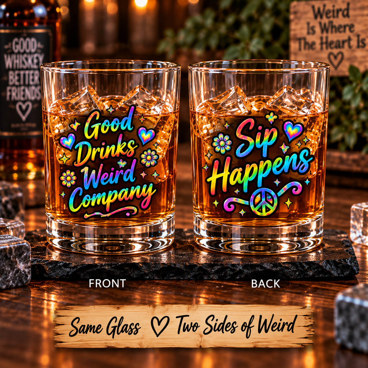 Good Drinks Weird Company 10oz Rocks Glass — Colorful Psychedelic Bar Glass