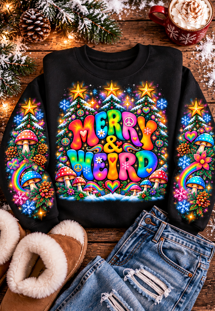 Psychedelic Merry & Weird Crewneck Sweatshirt — Colorful Retro Hippie Graphic