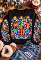 Psychedelic Merry & Weird Crewneck Sweatshirt — Colorful Retro Hippie Graphic
