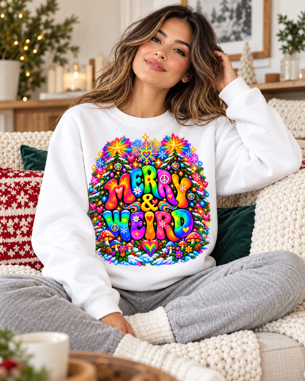 Psychedelic Merry & Weird Crewneck Sweatshirt — Colorful Retro Hippie Graphic