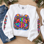 Psychedelic Merry & Weird Crewneck Sweatshirt — Colorful Retro Hippie Graphic