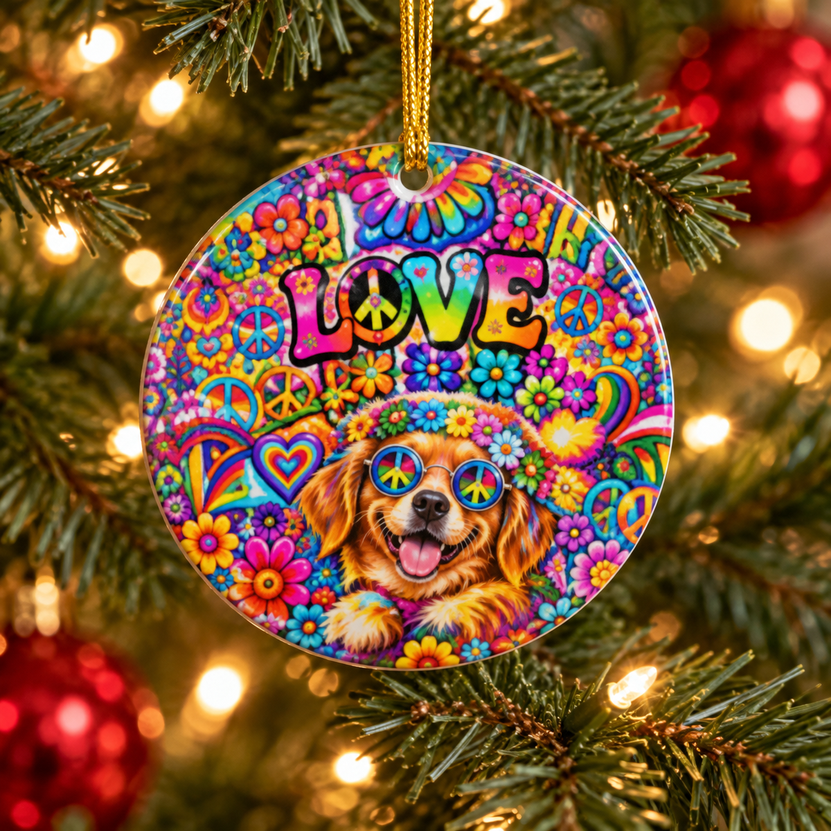 Psychedelic Dog Christmas Ornament, Double-Sided Rainbow Peace & Love Decor, Hippie Dog Lover Gift