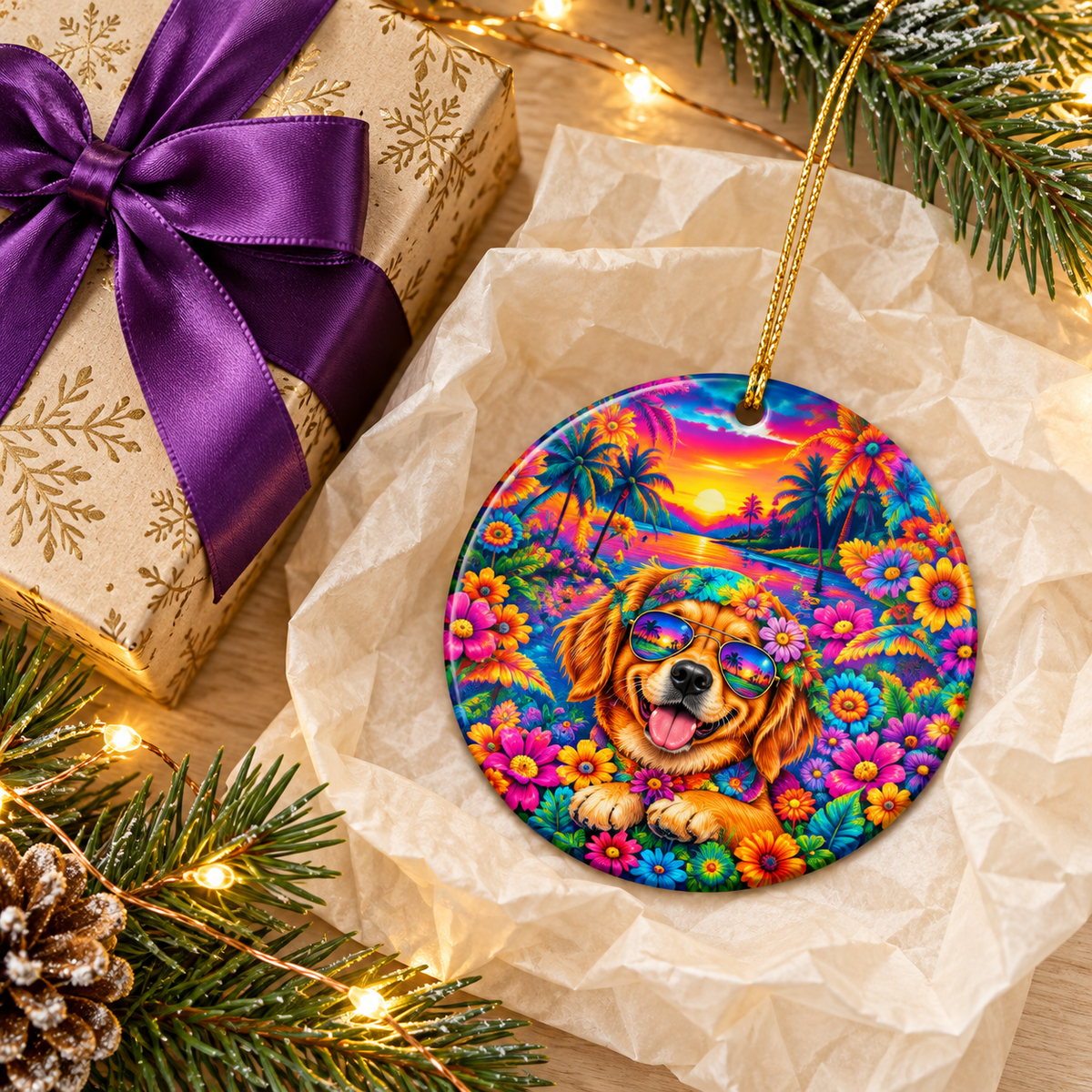 Psychedelic Dog Christmas Ornament, Double-Sided Rainbow Peace & Love Decor, Hippie Dog Lover Gift