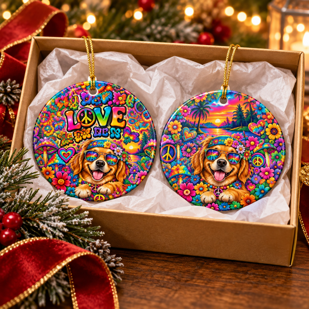 Psychedelic Dog Christmas Ornament, Double-Sided Rainbow Peace & Love Decor, Hippie Dog Lover Gift