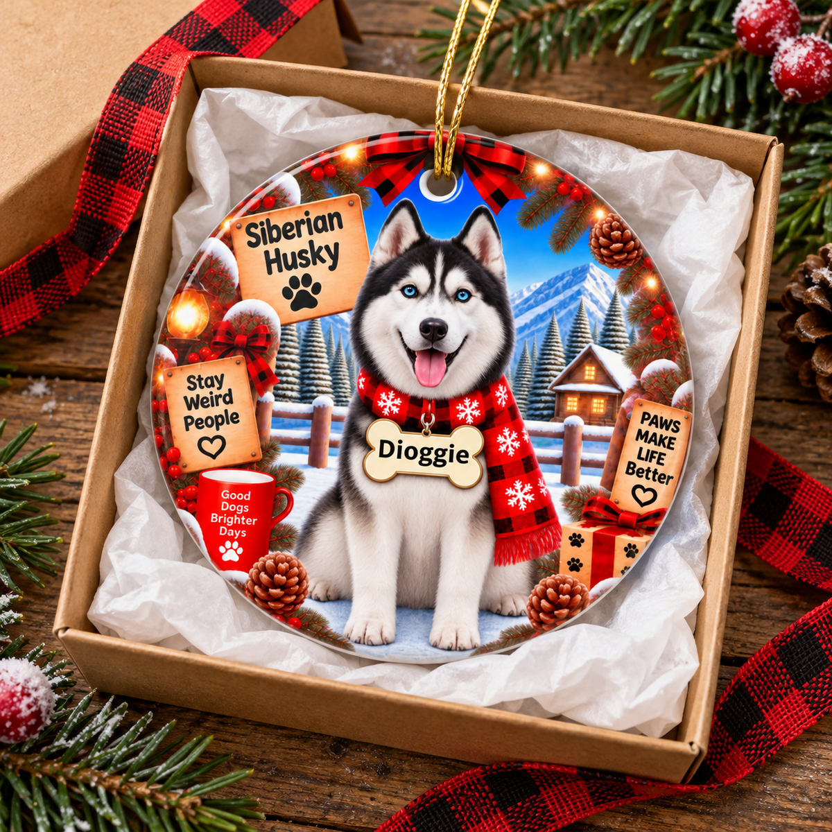 Personalized Siberian Husky Christmas Ornament, Double-Sided Ceramic Dog Ornament, Custom Pet Name Gift