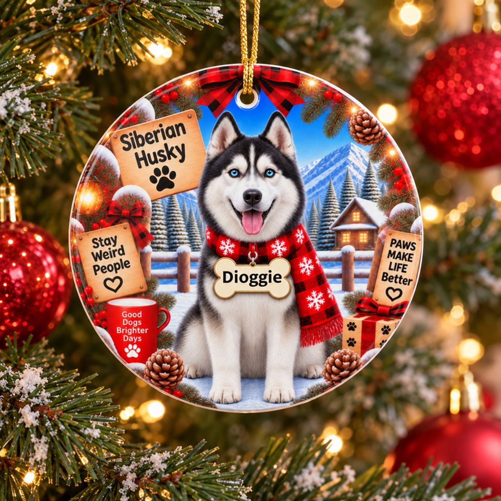 Personalized Siberian Husky Christmas Ornament, Double-Sided Ceramic Dog Ornament, Custom Pet Name Gift
