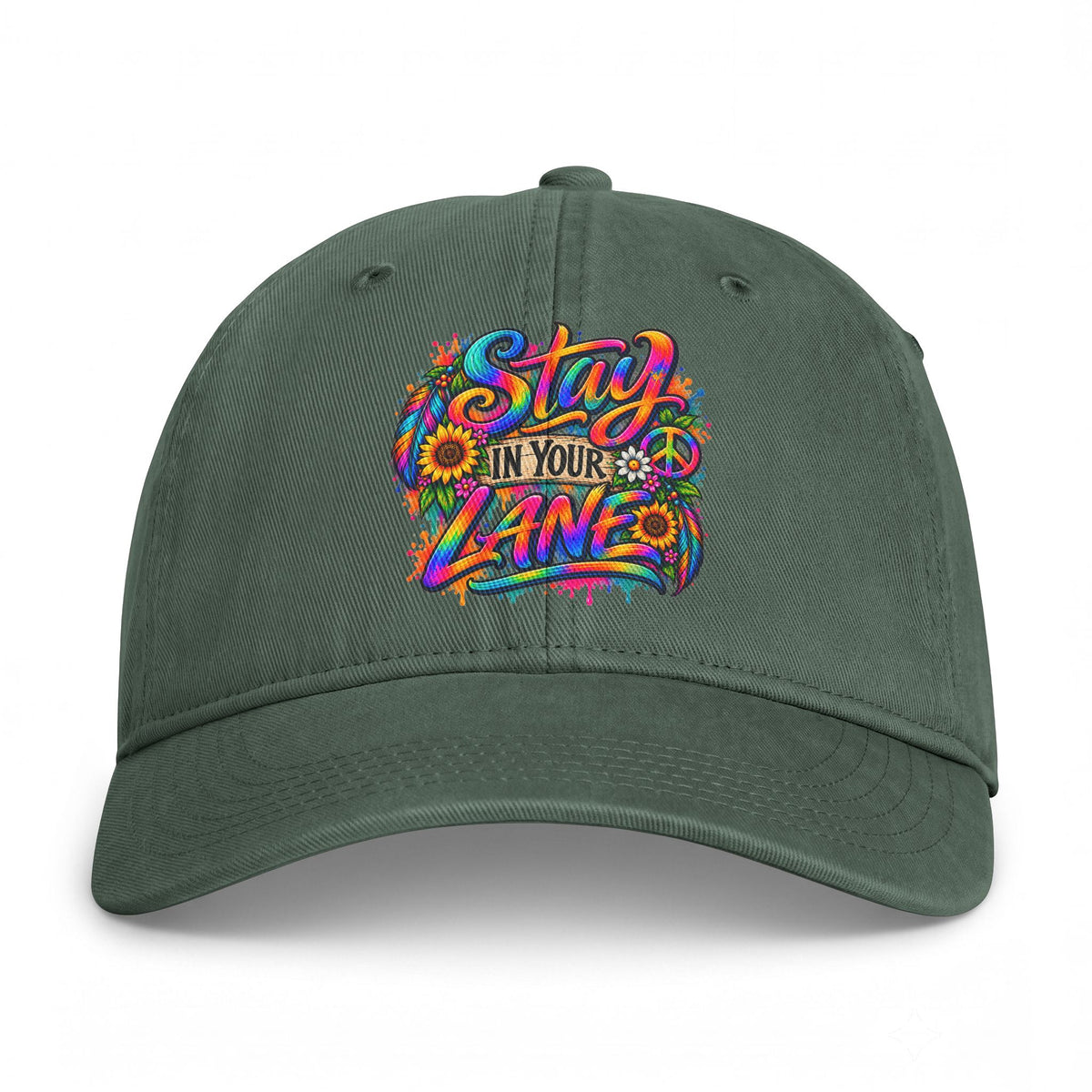 Stay In Your Lane Baseball Cap | Colorful Hippie Boho Hat | Retro Peace Sign Flower Cap | Weird Gift