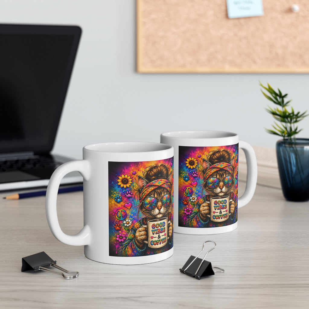 Good Vibes Only Sunflower Mug | Colorful Hippie Peace Sign Coffee Cup | Boho Gift | 11oz & 15oz