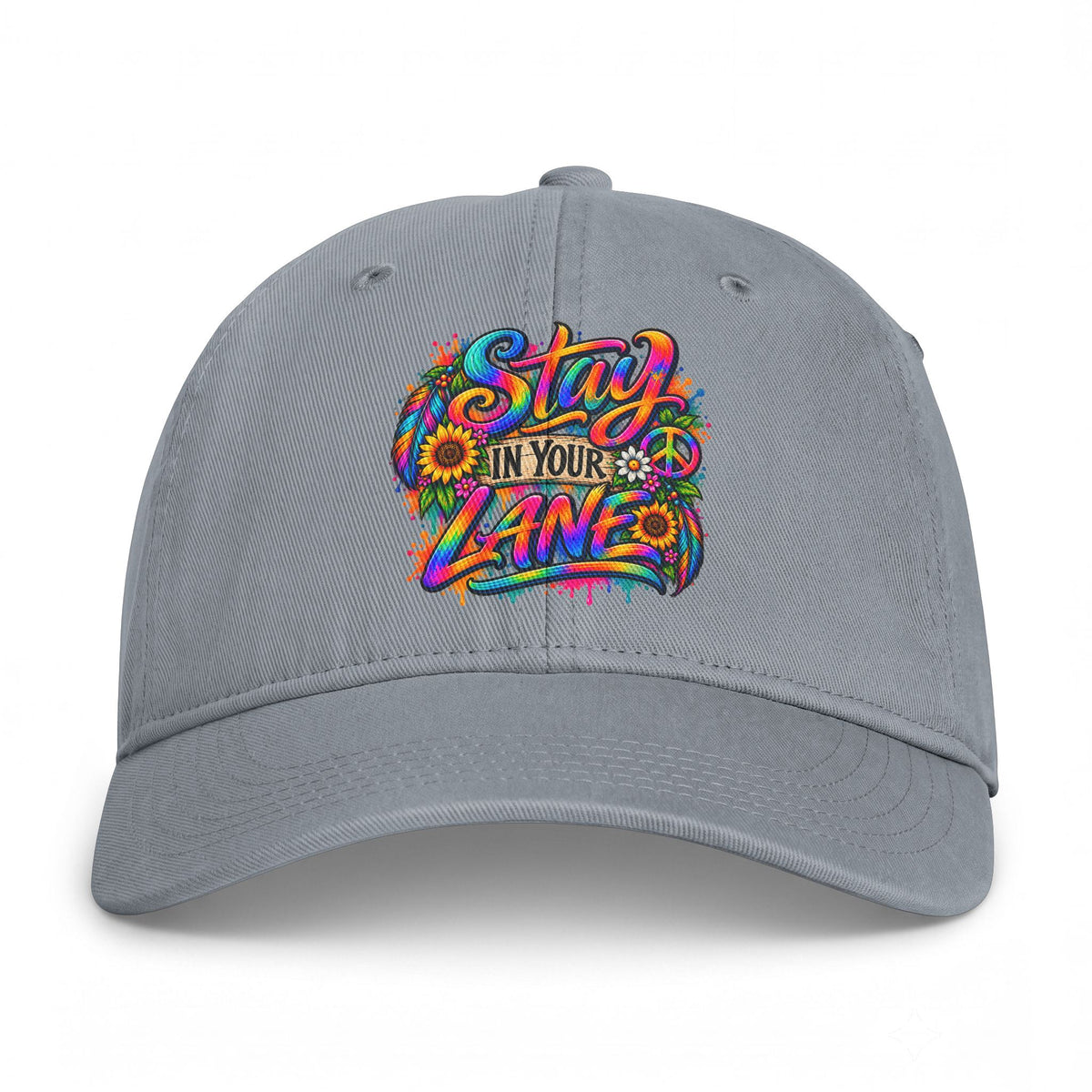 Stay In Your Lane Baseball Cap | Colorful Hippie Boho Hat | Retro Peace Sign Flower Cap | Weird Gift