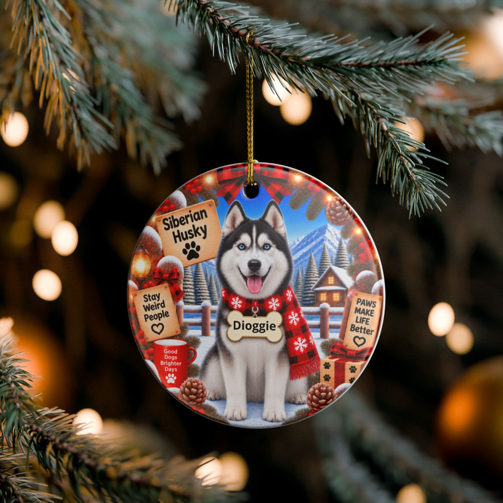 Personalized Siberian Husky Christmas Ornament, Double-Sided Ceramic Dog Ornament, Custom Pet Name Gift