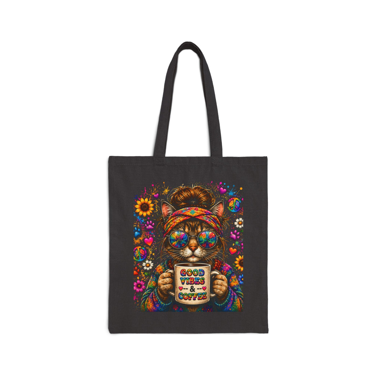 Boho Cat Tote Bag — 'Just Stay Weird' Retro Hippie Canvas Tote
