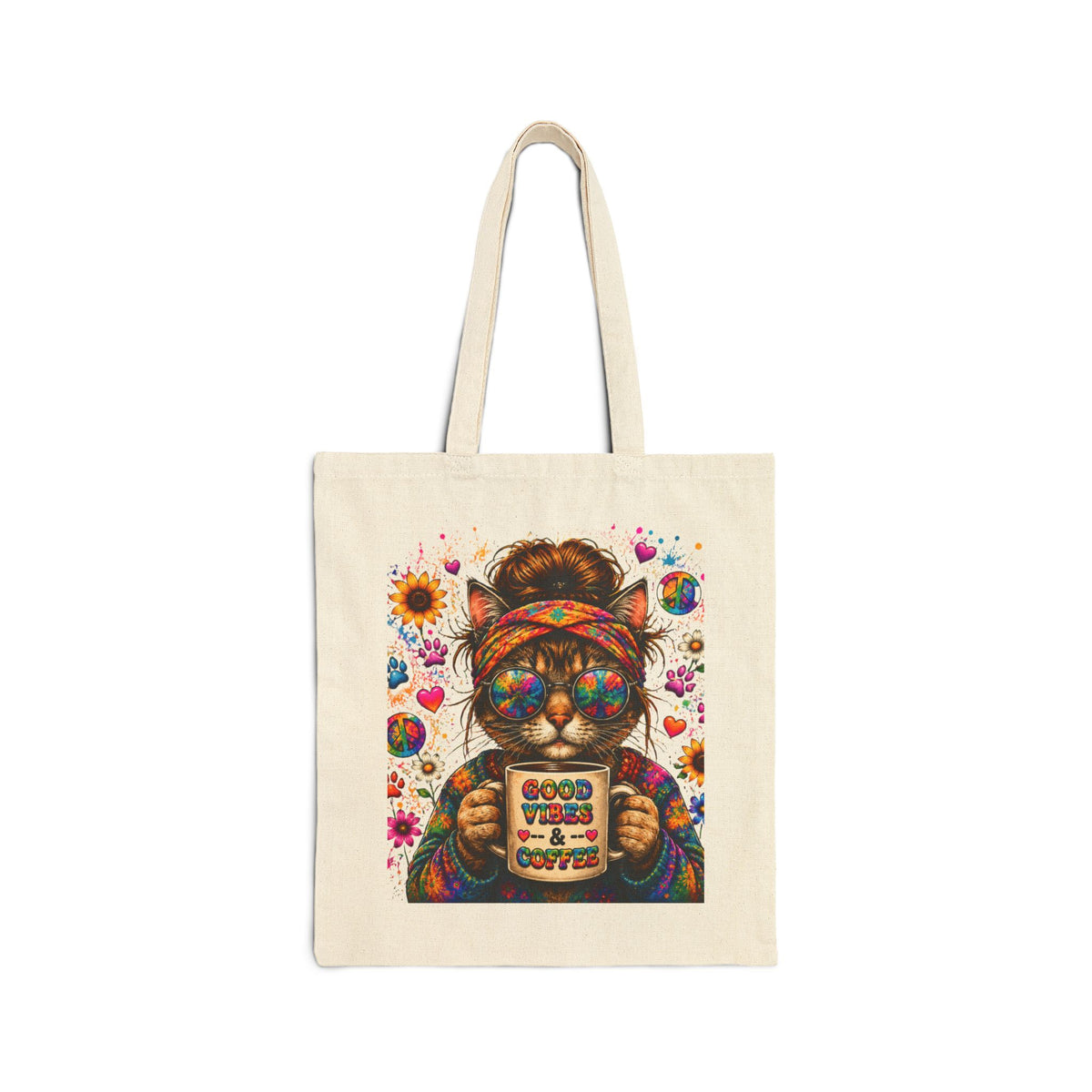Boho Cat Tote Bag — 'Just Stay Weird' Retro Hippie Canvas Tote