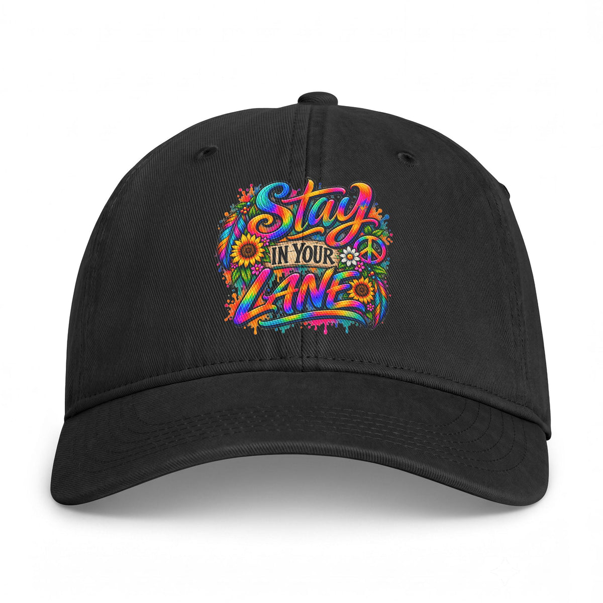 Stay In Your Lane Baseball Cap | Colorful Hippie Boho Hat | Retro Peace Sign Flower Cap | Weird Gift